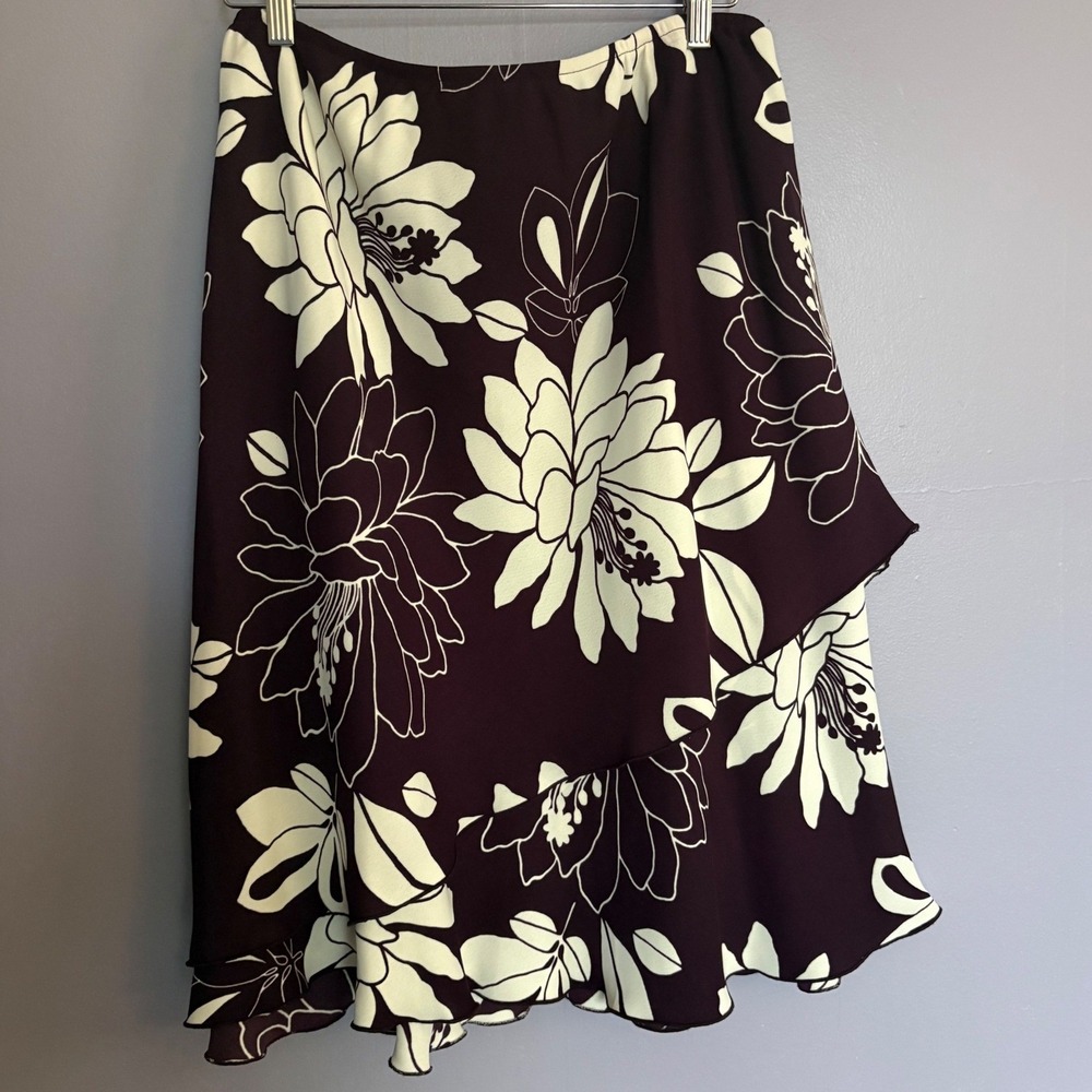 Y2K SL Fashions Floral‎ Faux Wrap Midi Skirt Burgundy Ivory Romantic Size 18W
